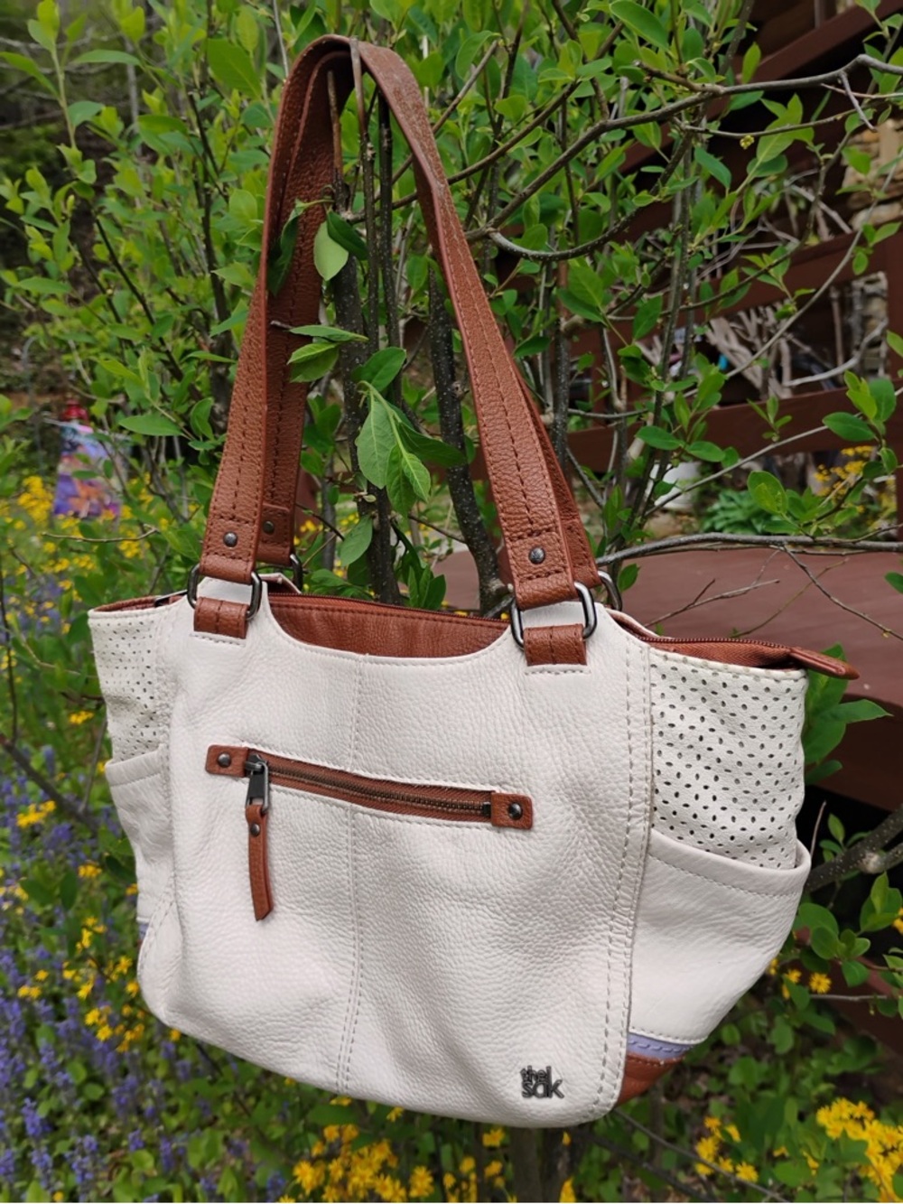 The Sak White and Brown leather Shoulder Bag  double straps
